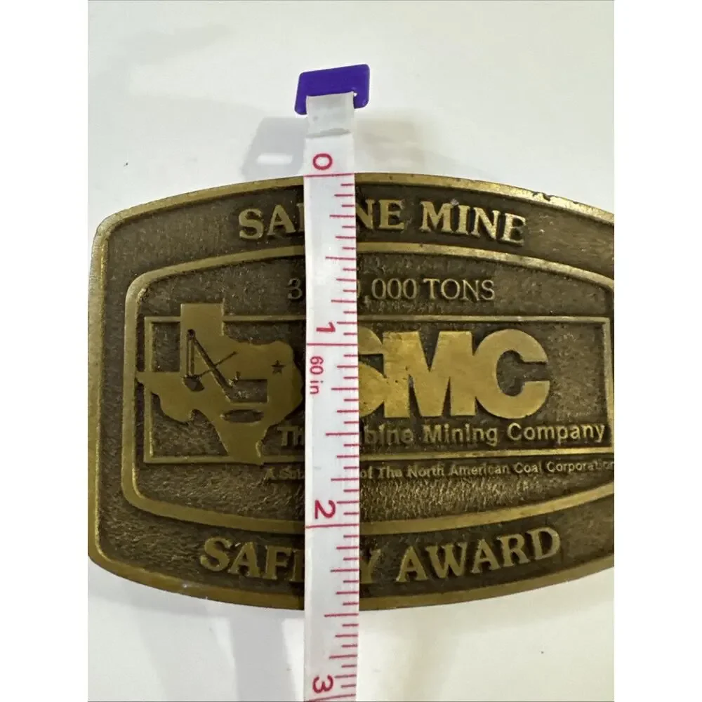 Vintage Sabine Mine Coal Mining Safety Award Belt Buckle SMC Texas Brass Tone